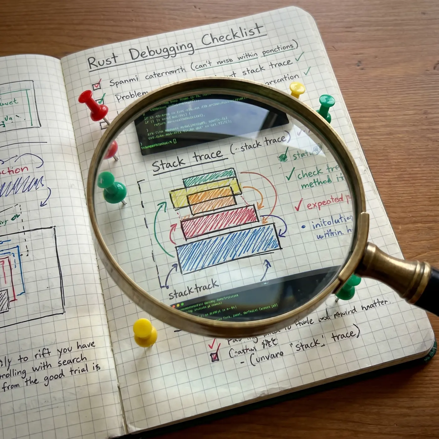 Rust debugging checklist with stack trace shapes and a magnifying glass