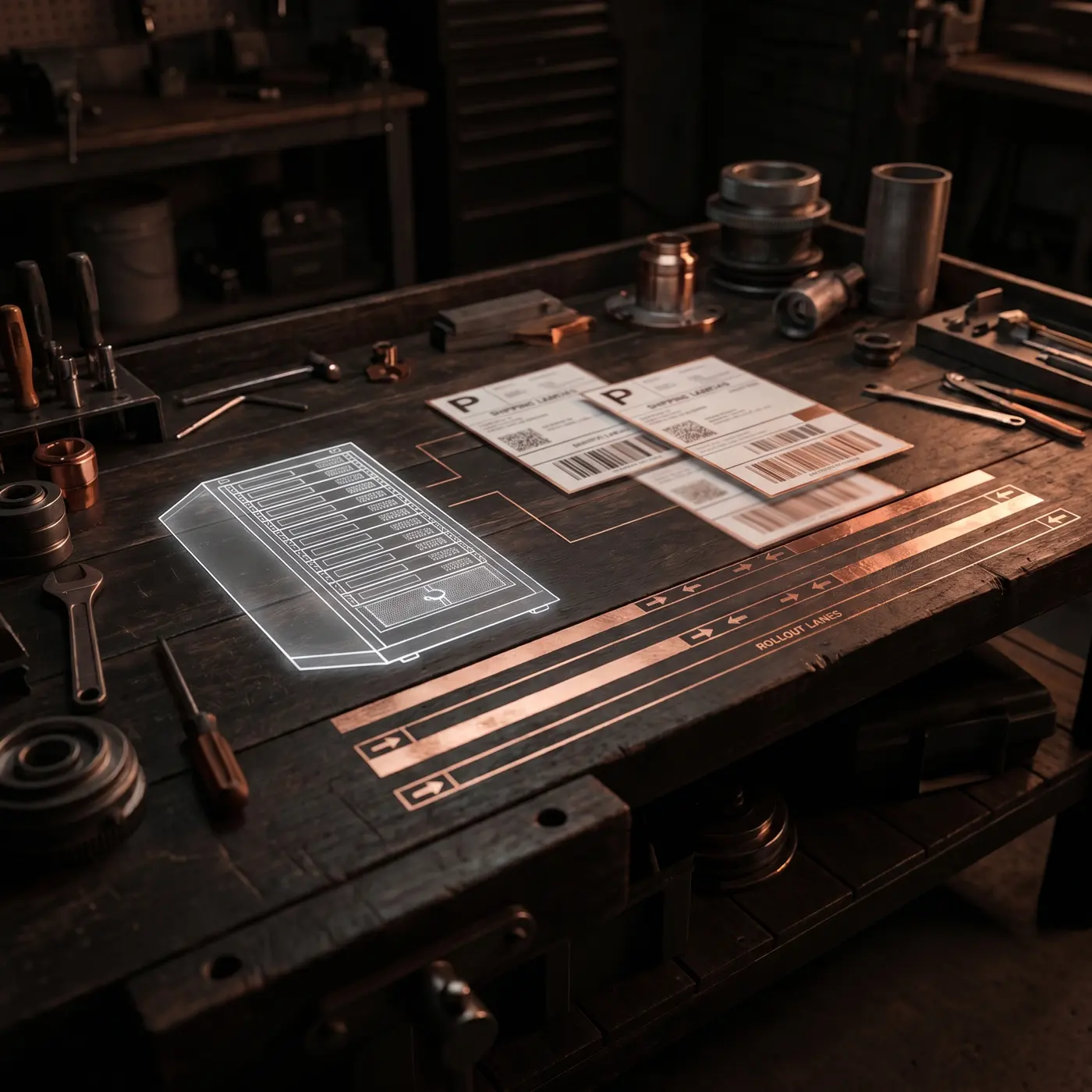 Rust deployment rollout lanes and server rack notes on a technical workbench