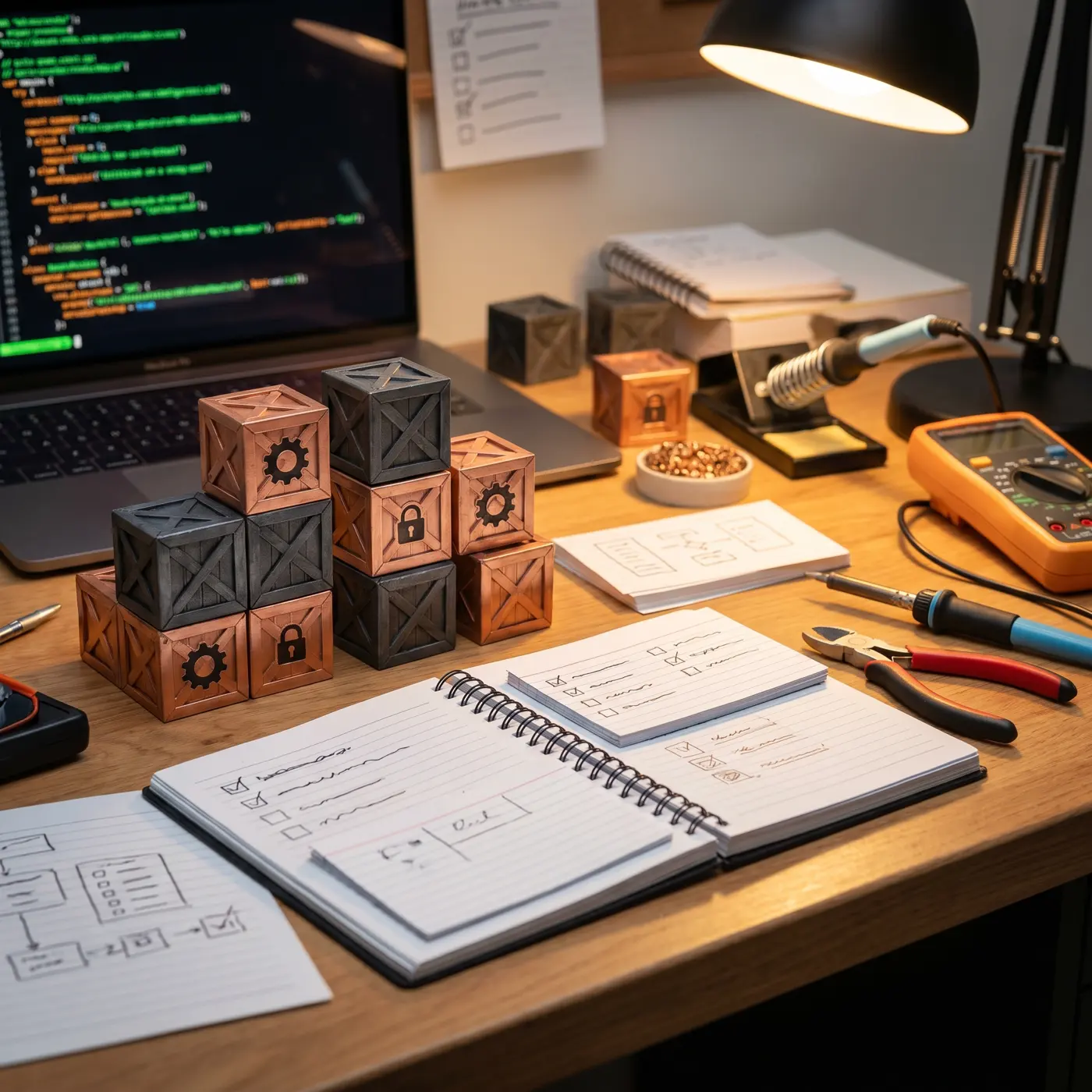 Rust tooling checklist cards arranged beside cargo crate blocks
